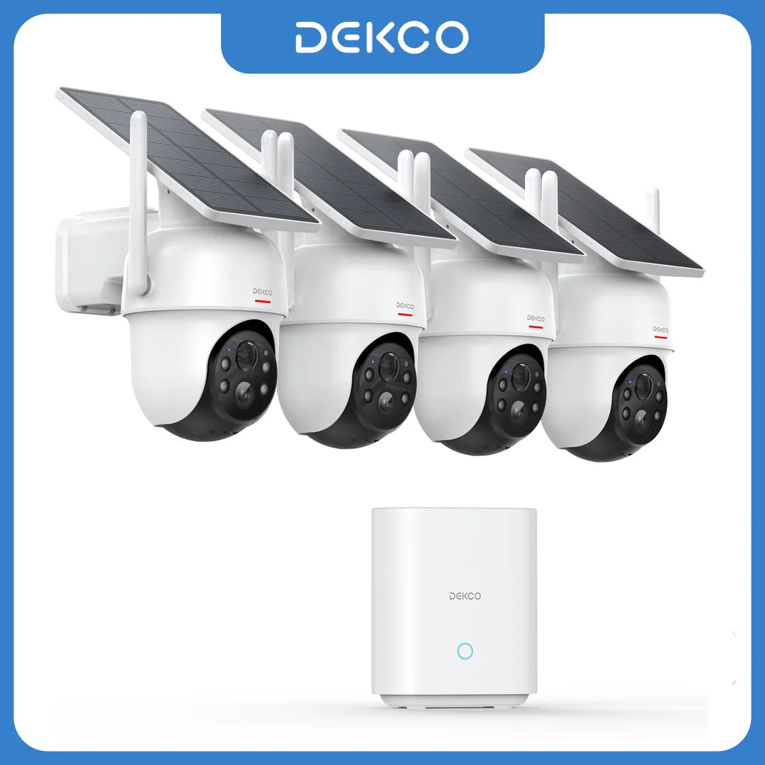 Dekco 3MP Solar Camera System 4 Cams Kit 5000mAh Battery Wireless 360° PTZ Surveillance Wifi Camera Set Support Alex 2-way Audio