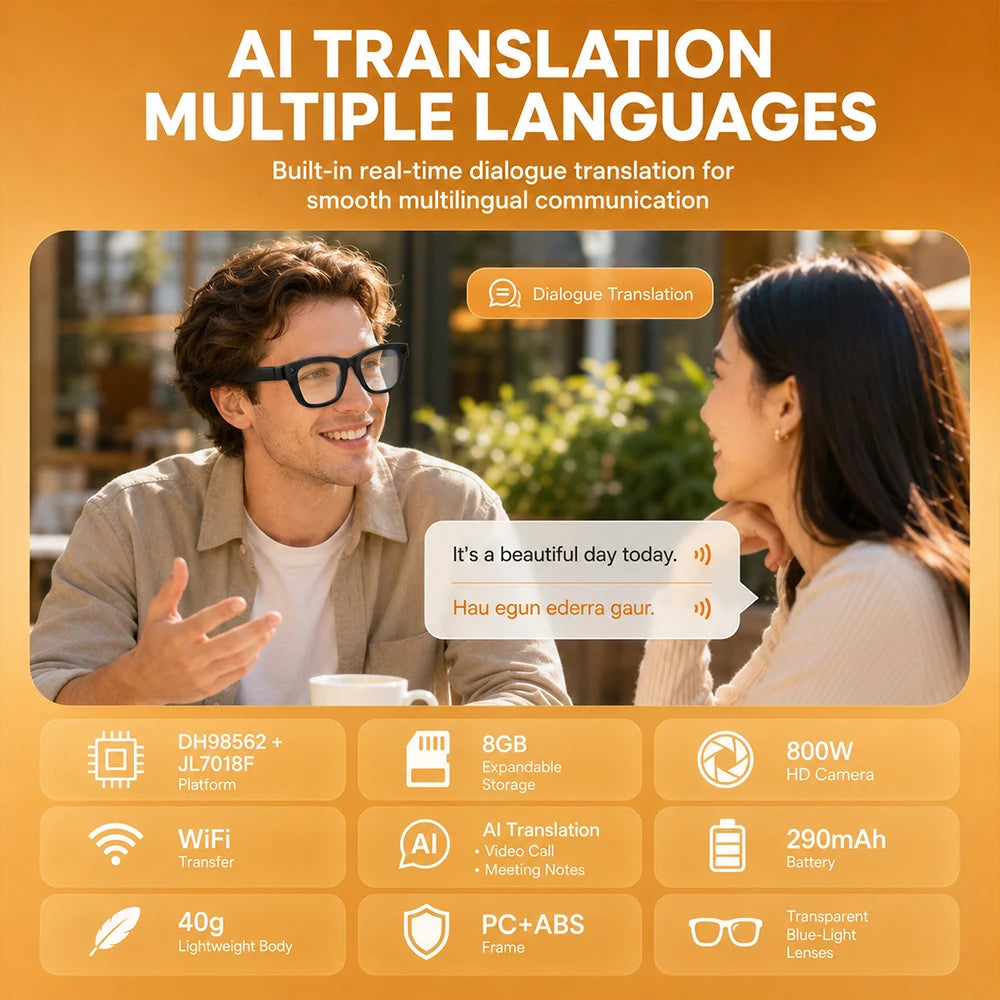Luxury AI Smart Glasses 8MP Camera EIS WiFi Sharing Smart Translation Video Calls 8GB Storage 290mAh 40g Blue Light Lens