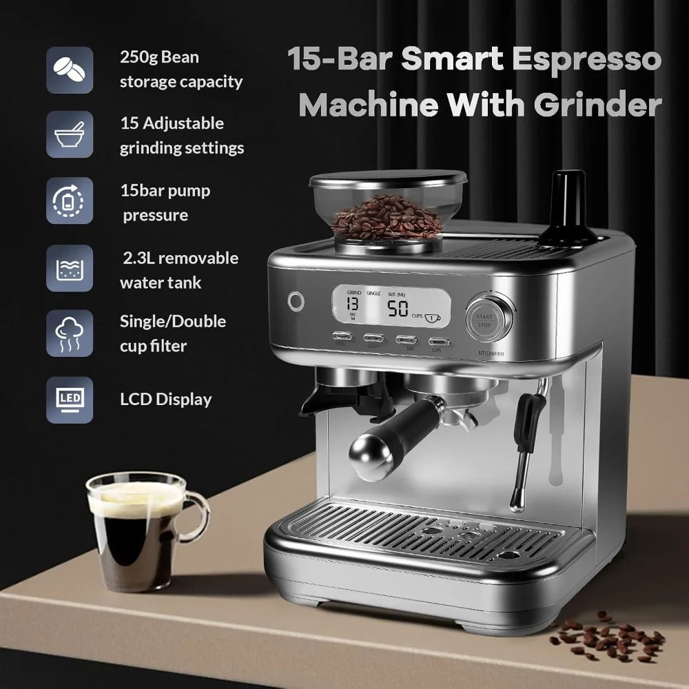 120V 60Hz 1350W Espresso Coffee Machine Temperature Adjustable with Built-in Bean Grinder Instant Heating Super Slim Coffee Maker For Home Office