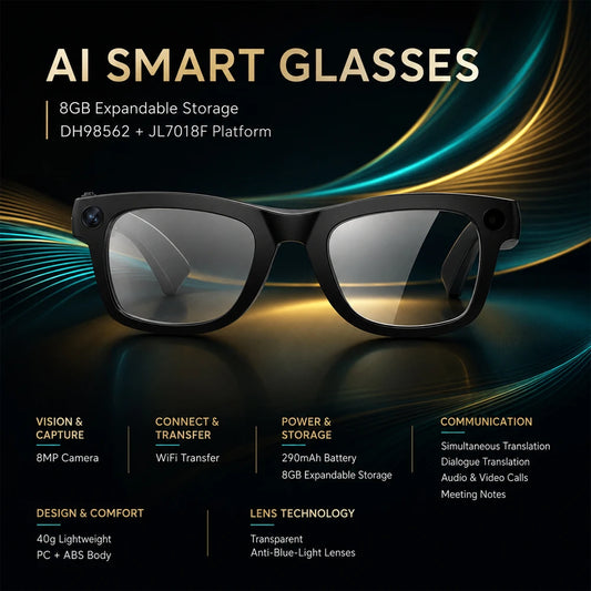 Luxury AI Smart Glasses 8MP Camera EIS WiFi Sharing Smart Translation Video Calls 8GB Storage 290mAh 40g Blue Light Lens