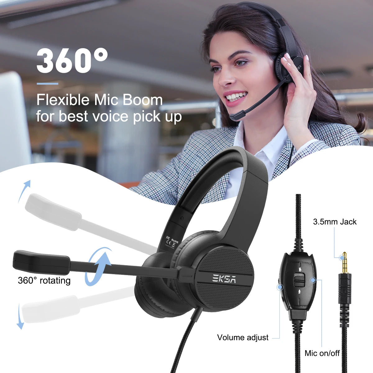 EKSA Wired Headphones with Microphone for PC/PS4/Xbox Gaming Headset Gamer 3.5mm/USB On-Ear Call Centre/Traffic/Office Headset