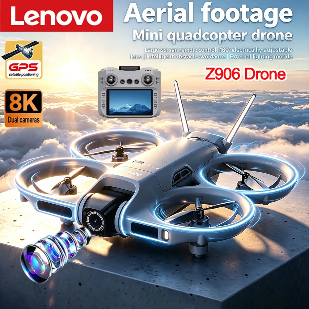 Lenovo New Z906 Mini Drone Big Screen Remote Electric Adjust 8K Camera 3-Side Obstacle Avoidance Brushless Power Folding Drone