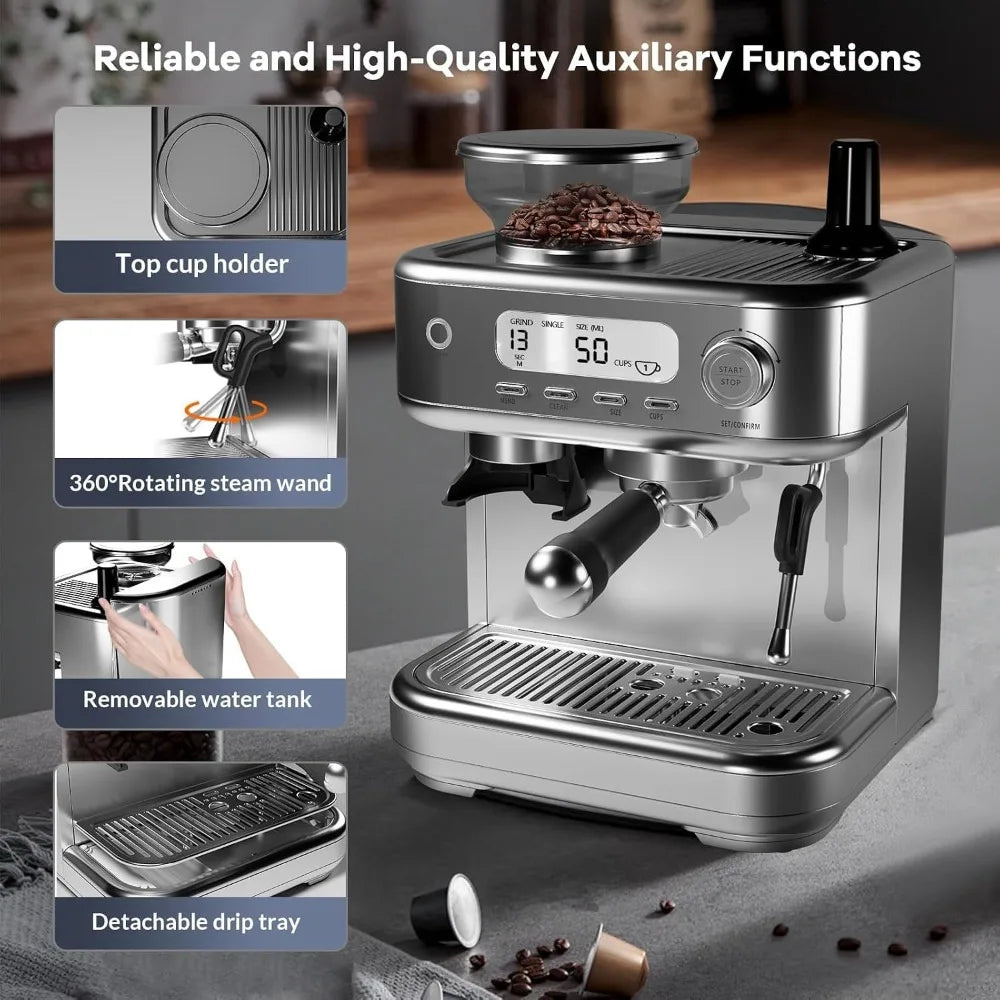 120V 60Hz 1350W Espresso Coffee Machine Temperature Adjustable with Built-in Bean Grinder Instant Heating Super Slim Coffee Maker For Home Office