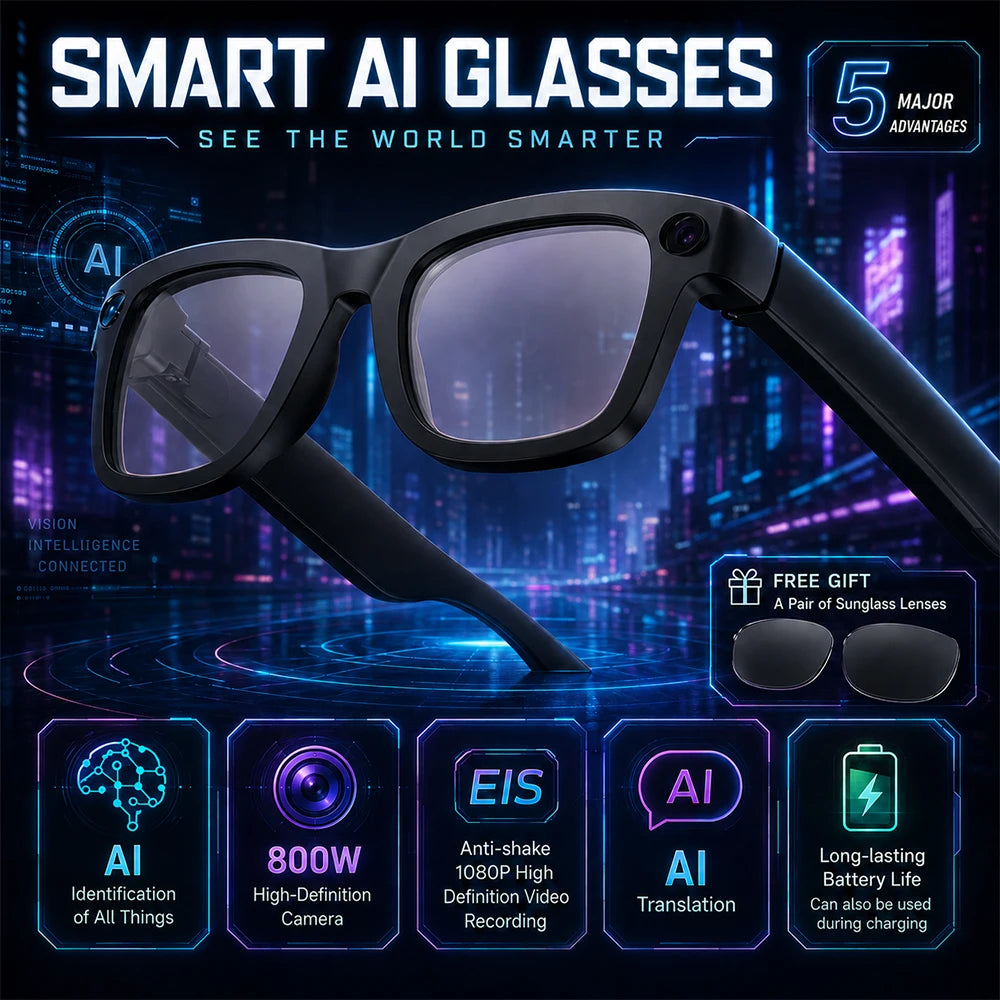 Luxury AI Smart Glasses 8MP Camera EIS WiFi Sharing Smart Translation Video Calls 8GB Storage 290mAh 40g Blue Light Lens