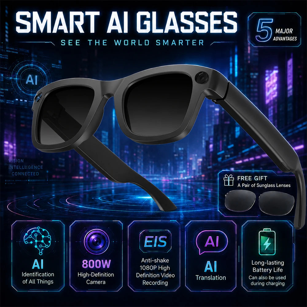 Luxury AI Smart Glasses 8MP Camera EIS WiFi Sharing Smart Translation Video Calls 8GB Storage 290mAh 40g Blue Light Lens