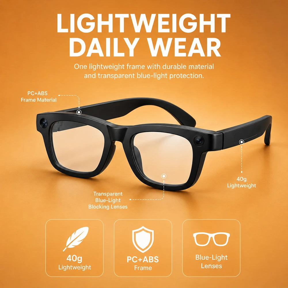 Luxury AI Smart Glasses 8MP Camera EIS WiFi Sharing Smart Translation Video Calls 8GB Storage 290mAh 40g Blue Light Lens