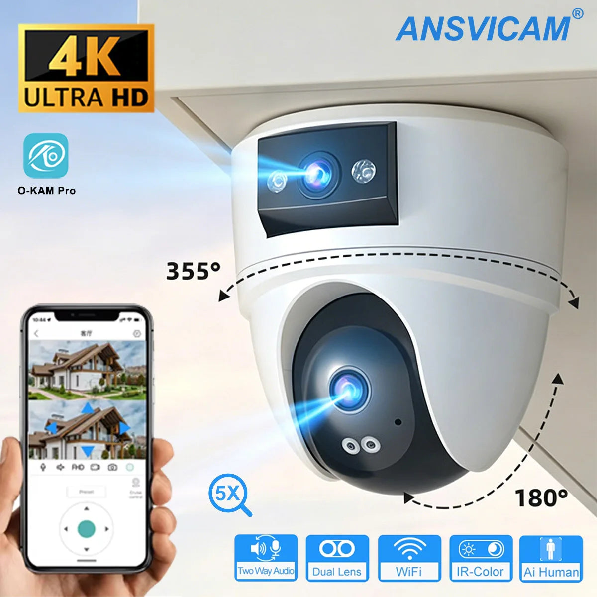 8MP 4K PTZ Security Camera with AI Human Detection - Dual-Lens Dual-Screen Outdoor WiFi IP Cam for Wireless CCTV Surveillance