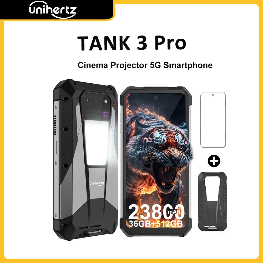 Unihertz Tank 3 Pro 8849 Rugged 5G Smartphone Android with 100 Lumens Projector 32GB 512GB 23800mAh 6.79" FHD Waterproof Phone