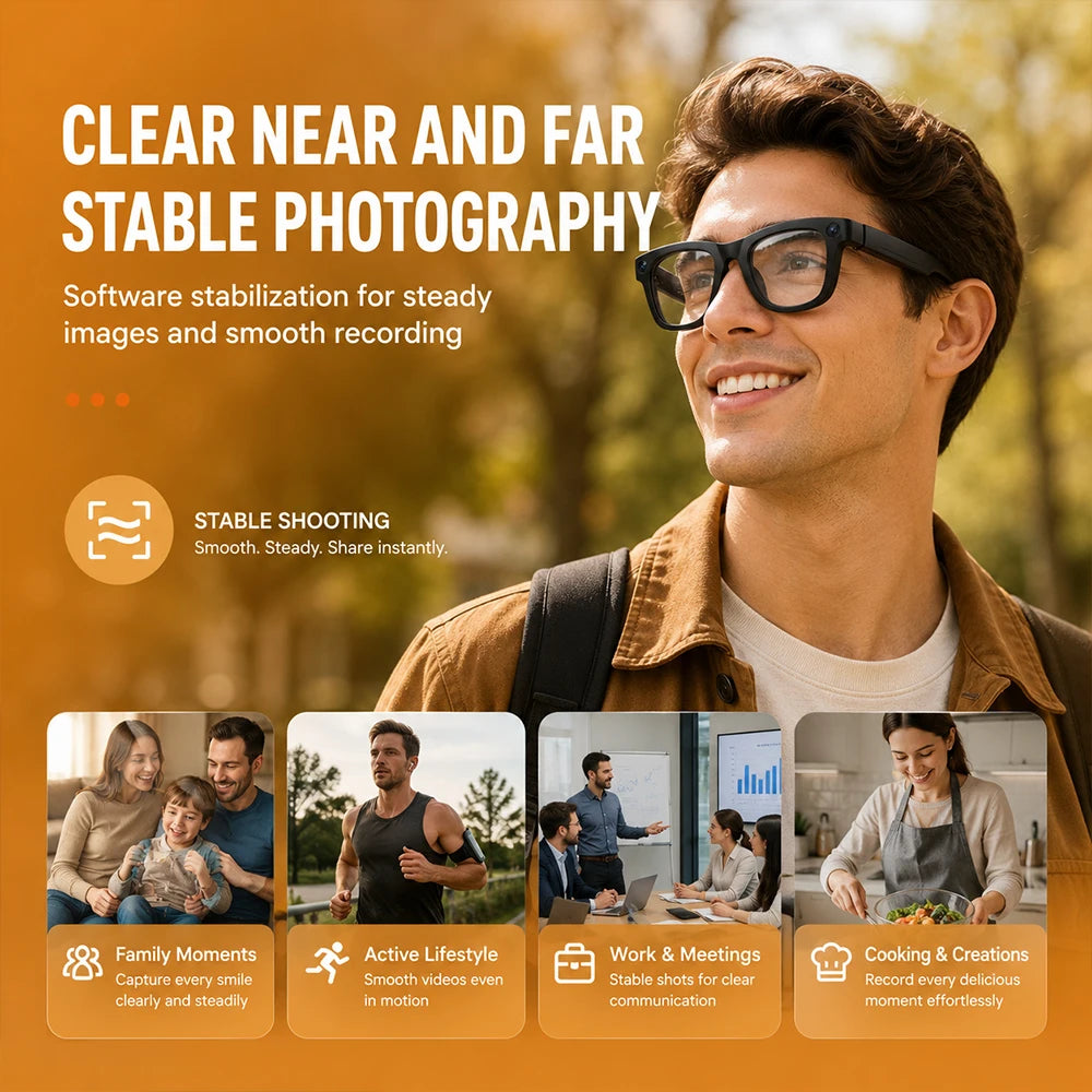 Luxury AI Smart Glasses 8MP Camera EIS WiFi Sharing Smart Translation Video Calls 8GB Storage 290mAh 40g Blue Light Lens