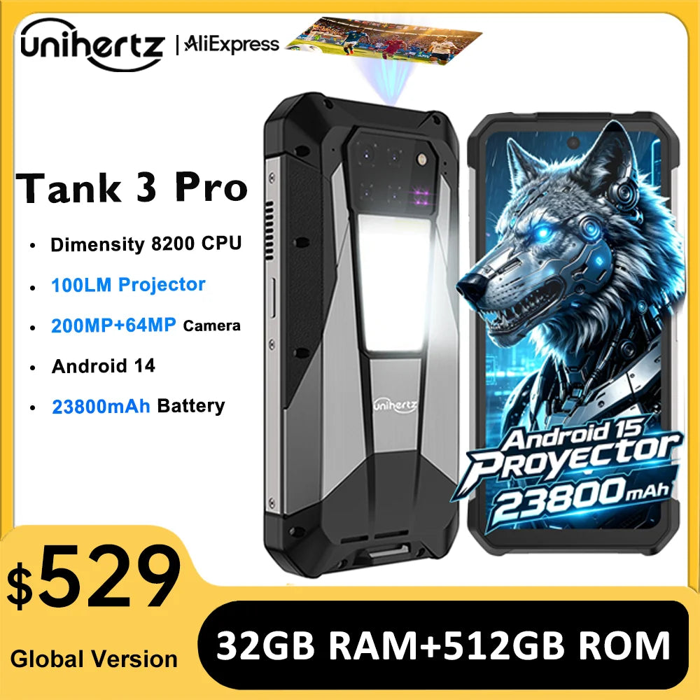 Unihertz Tank 3 Pro 8849 Rugged 5G Smartphone Android with 100 Lumens Projector 32GB 512GB 23800mAh 6.79" FHD Waterproof Phone