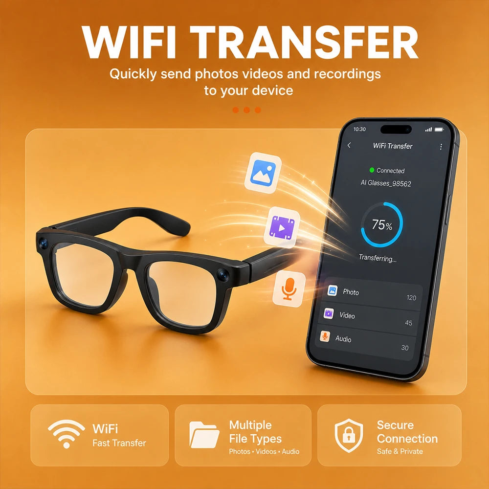 Luxury AI Smart Glasses 8MP Camera EIS WiFi Sharing Smart Translation Video Calls 8GB Storage 290mAh 40g Blue Light Lens