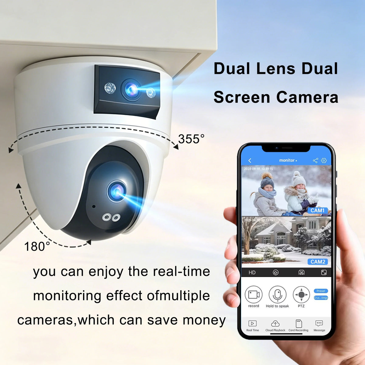 8MP 4K PTZ Security Camera with AI Human Detection - Dual-Lens Dual-Screen Outdoor WiFi IP Cam for Wireless CCTV Surveillance