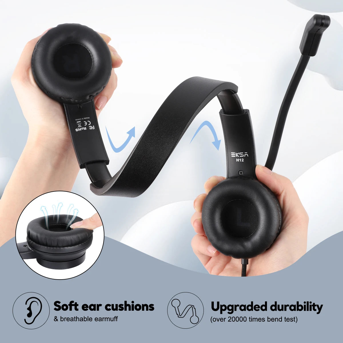 EKSA Wired Headphones with Microphone for PC/PS4/Xbox Gaming Headset Gamer 3.5mm/USB On-Ear Call Centre/Traffic/Office Headset